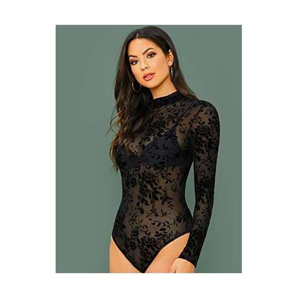 Floerns Women's Sheer Mesh Lace Long Sleeve Stretchy Bodysuit Jumpsuit Black Flower M