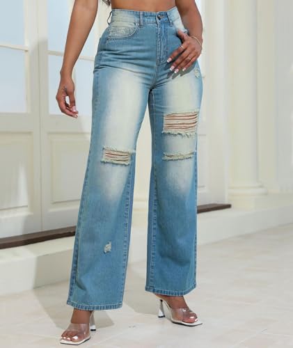 Sexyshine Women's High Waist Straight Leg Ripped Jeans Baggy Loose Washed Distressed Cut Out Y2K Denim Pants4