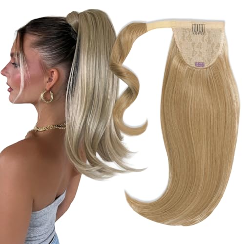 INH Hair Lola Ponytail Extension - Sandy Blonde | Lola 17 inch Clip in Straight Pony with Swoop Secure Comb Base and Wrap Around Design Mid-length for Women Lightweight Vegan Synthetic Hair