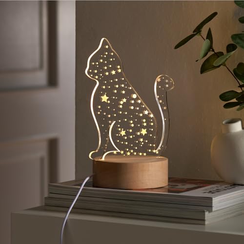 3 Pagen LED Leuchte Katze Nachtlicht mit Holzsockel Katzensilhouette mit beleuchteten Sternen stimmungsvoll & originell Materialkombination aus Acryl & Holz ideal für Katzenfans