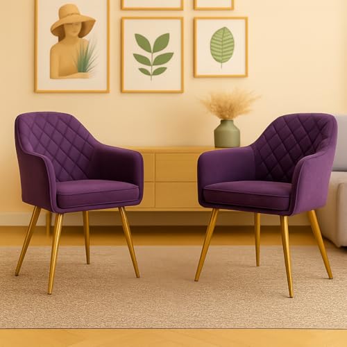 Image of Barfi Velvet Dining Chair | Set of 2 Premium Modern Upholstered Accent Chair with Armrest, Padded Seat and Metal Legs | Comfy Chair for Home, Office & Restaurents | (Purple)