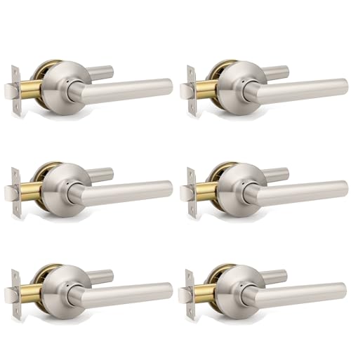 GOBEKOR 6 Pack Brushed Nickel Door Handles Interior,Heavy Duty Passage Door Handles Interior Door Levers for Hallway and Closet, Modern Sleek Round Door Locks Satain Nickel