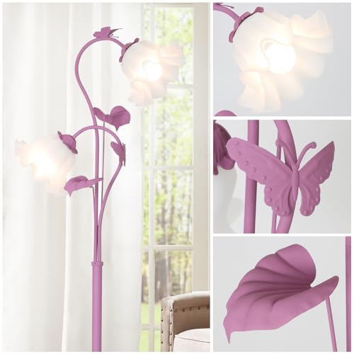 Image of HMVPL Purple Floral Floor Lamp, Girls Flower Floor Lamp for Bedroom, Cute Lotus Standing Lamp with 2 LED 5W Blubs, Foot Switch, Unique Flower Tall Lamp for Living Room Kids Nursery Bedside Corner