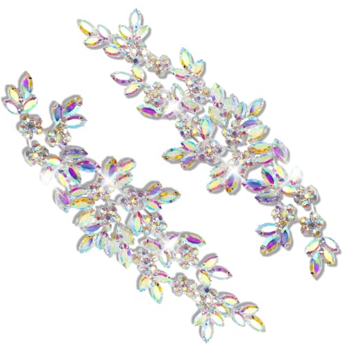 PEARLY JUN Rhinestone Applique Crystal Applique Patches DIY Beaded Bling Trim Sewing Clothes for Wedding Belt Craft Gowns Decoration Dresses Embellishments(YHZ00013-2PC-AB)