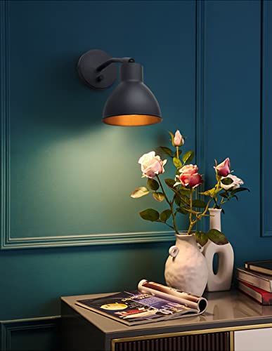 Yosoan Wall Sconce Indoor Night Bedside Fixture, 1-Light Industrial Mount Metal Matte Fixture Lighting With 6.3" Black Bowl Metal Shade Build-In Gold Color And 4.7" Canopy Lamp #TOP3