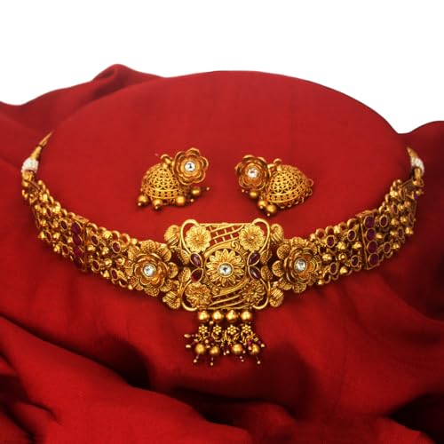 Image of Kollam Supreme Gold plated Brass Antique Matte Floral Ruby Choker Set for Women.