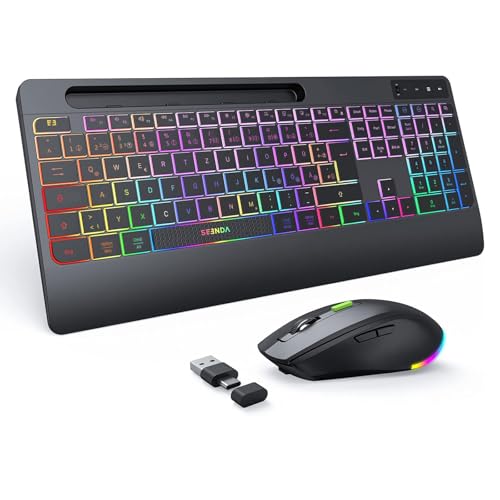 seenda Tastiera e mouse wireless illuminati, ricaricabile USB e tipo