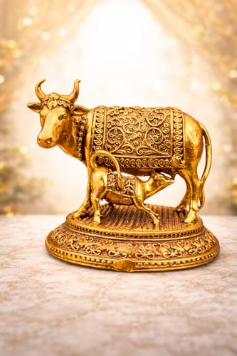 Image of Kamdhenu Cow with Calf Idol in Brass for Home Temple | Gau MATA Murti for Pooja, Vastu & Prosperity | Small Decorative Cow Statue for Office, Gift & Spiritual Decor (6 x 7 x 5.5 cm, 110 gm)