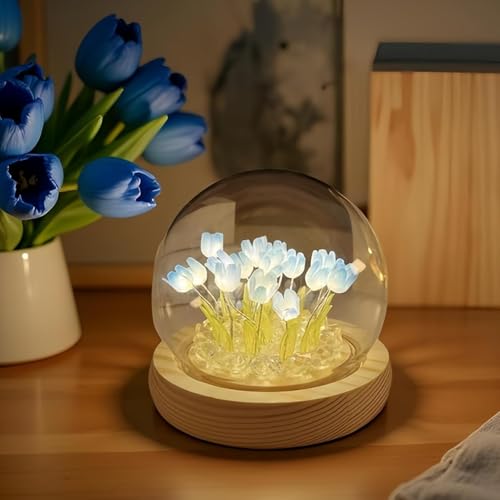 Image of XERGY DIY Glass Dome Flower Lamp - Romantic Tulip Night Light with 18 Flower, Wooden Base | Warm Ambient Decorative Light for Bedroom, Living Room, Gifts - Blue