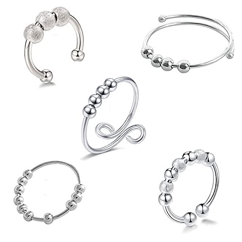 5pcs Anillos de ansiedad para mujeres Hombres Chapado en oro Spinner Spinner Anillos de banda Fidget para la ansiedad, Terling Silver Spinning Fidget Fidget Anillos ajustables delgados