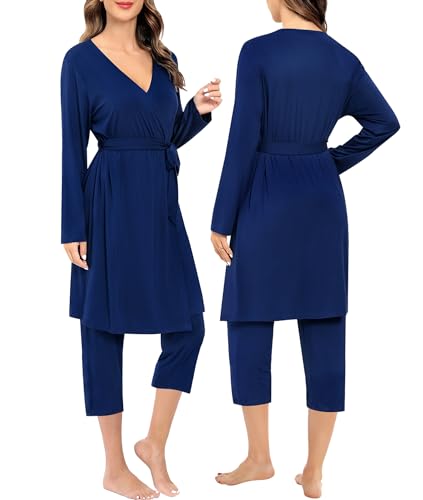 Image of SWOMOG Maternity Nursing Robe Set 3 PCS Breastfeeding Pajamas Set 3 in 1 Labor Delivery Pregnancy Pjs Capri Pants