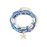 17IF 7 Pcs Colorful Shell Bracelet Anklet Set for Women, Boho Bead Strech Adjustable Beach Seaside Starfish Conch Chain Summer Travel Jewelry Gift