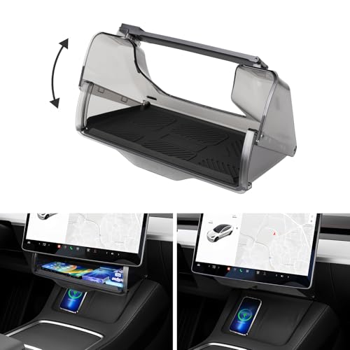 Canvcle Hidden Under Screen Storage Box for 2016-2026 Tesla Model Y/Model 3 Accessories,One‑click open & Silent Damping Slides Center Console Organizer (Fit New Model Y Juniper/Model 3 Highland)