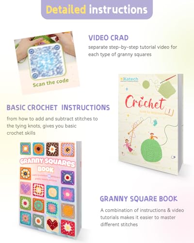 Image of Katech Crochet Kit for Beginners, 50 Granny Squares Crochet Kits for Adults Beginner Learn to Crochets w /Step-by-Step Video Tuturials, Knitting Kit w /1378yds Yarn Granny Square Card Deck- 80% Cotton