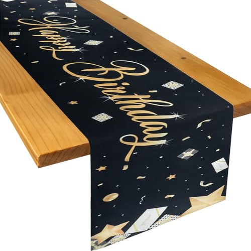 Arvoni Chemin de Table Anniversaire, Anniversaire Chemin de Table Tissu de Lin, Happy Birthday Chemin Table Joyeux Noir et Doré, Style Vintage, pour Fête à...