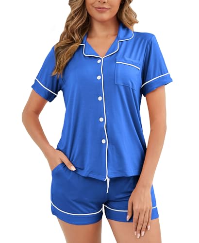 Image of Womens Pajamas Set Short Sleeve Sleepwear Button Down Pjs Shorts Set Soft Pjs Lounge Set With Pockets