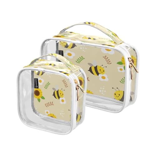ALAZA Cute Bee Sunflower 2 Pcs Storage Bags Zippered Organizers Cosmetics Travel Case Toiletry Bag Transparent Tote Bags