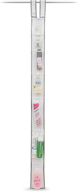 Hanging Fabric Shower Caddy - Mesh Design attaches to shower rod via grommets or hook and loop attachements. Holds Shampoo, Body Wash, Razors, Poufs, and more (1)