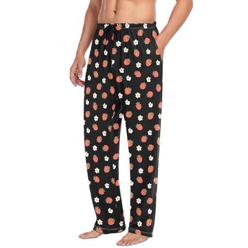 Mens Cotton Pajama Pants Sleep Lounge Pj Bottoms Sleepwear with Pockets Drawstring S Strawberry Flower4