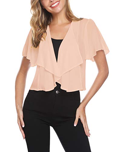 Hawiton Women Shrug Short Sleeve Lace Bolero Jacket Open Front Cropped Cardigan Apricot