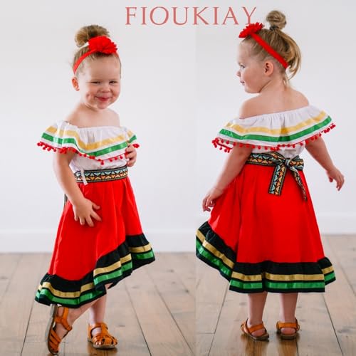 fioukiay Toddler Girls Mexican Dress Little Girl Off Shoulder Bowknot Traditional Color Block Dresses3