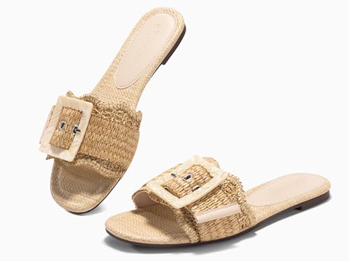 Image of Coutgo Womens Flat Sandals Raffia Slip On Slide Sandal Square Open Toe Buckle Summer Beach Shoes Flats