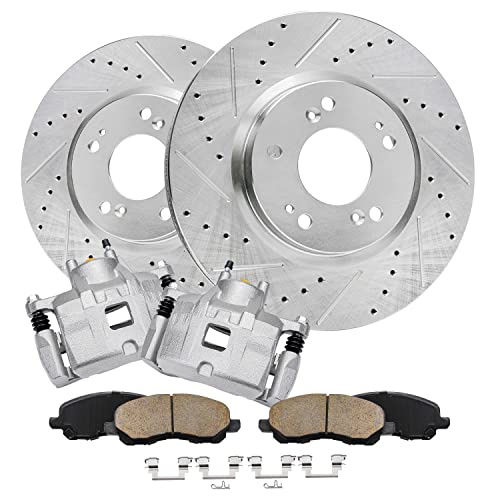 Image of Detroit Axle - Front Brake Kit for Chrysler 200 Sebring Dodge Caliber | Avenger Jeep Patriot Compass, 11.57'' inch Drilled & Slotted Brake Rotors Disc Brake Calipers Ceramic Brake Pads Replacement