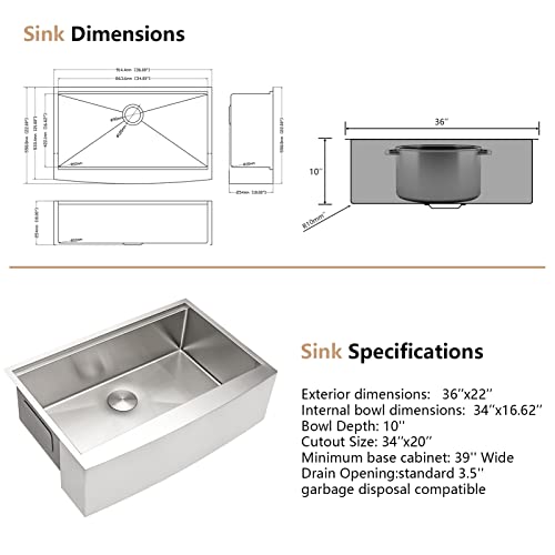 36" Farmhouse Kitchen Sink Workstation - Dcolora 36 Inch Stainless Steel Apron Front Farm Kitchen Sink With Ledge Round Corner X Grooves Wood Cutting Board 16 Gauge Single Bowl Sink Basin #TOP4
