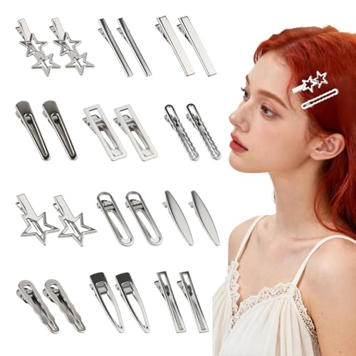 24 Pcs Silver Hair Clips for Women, 12 Styles Metal Hair Barrettes with Wave & Star Designs, Y2K Style Alligator Clips for Hair Styling & Decoration