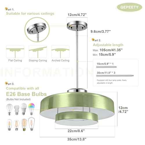 Image of Mid-Century Modern Sage Green Hanging Lamp, Brushed Metal Shade Kitchen Island Pendant Light Adjustable Ceiling Light for Living Room, Dining Nook, Bedroom
