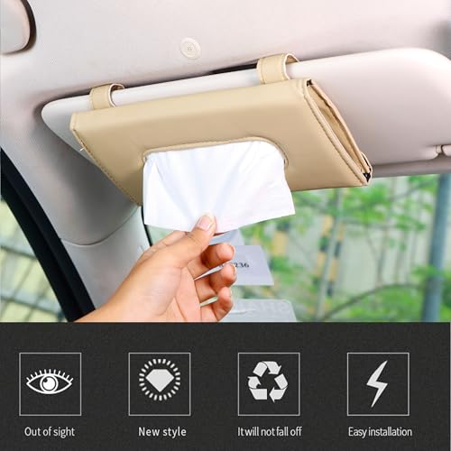 Image of Amazon Basics Car Tissue Box Holder | Leather | Reusable Tissue Box for Car(Pack of 1)| Adjustable Strap | Perfect Design | Easy to Use | Multi-Functional | (Beige)