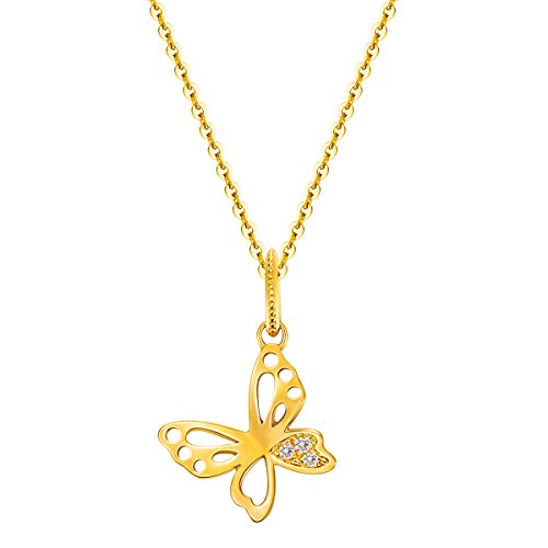 Carleen Solid Real 14K Yellow Gold Small Cute Butterfly Genuine Diamond Dainty Deilcate Pendant Necklace Jewelry Gift for Women Girls with 0.03cttw Diamond, 16+2 Inch Solid 14K Yellow Gold Chain
