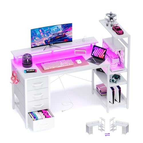 YOUDENOVA ゲーミングデスク パソコンデスク 幅130cm LEDライト付き 電源コンセント/USBポート付き モニター台一体型 収納ラック付き 左右入れ替え可能 引き出し 収納棚 PCデスク オフィスデスク 勉強机 デスクワーク 省スペース おしゃれ カーボン調ホワイト