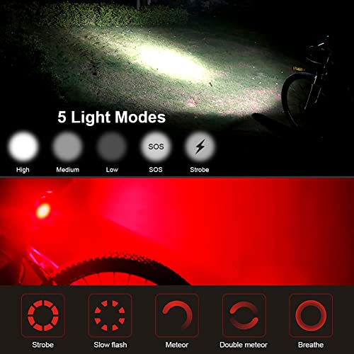 Ensemble d'éclairage de vélo, 3000 Lumen 5 Modes de Luminosité Kit lumière de vélo USB Rechargeable Impermeable étanches Lampe Vélo Avant et Arrière pour Cavalier de Nuit et Camping - Image 5