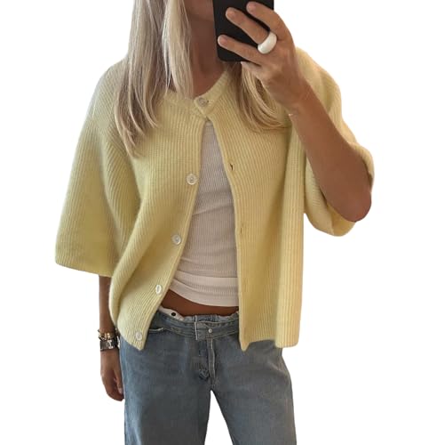 Image of Women's Cardigans Short Sleeve Button Down Cardigan Sweater Y2k Knitted Crop Shirt Top