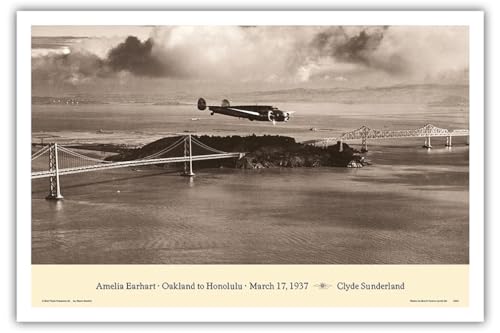 Amelia Earhart - Oakland California to Honolulu Hawaii - March 17 1937 - Lockheed Electra 10E - Vintage Aviation Poster by Clyde Sunderland - Master Art Print (Unframed) 12in x 18in