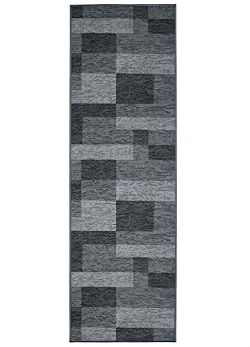 TAPISO Anti Rutsch Teppich Läufer rutschfest Brücke Meterware Modern Bsalt Dunkelgrau Viereck Geometrisch Design Flur Küche Wohnzimmer… – Ansicht 2