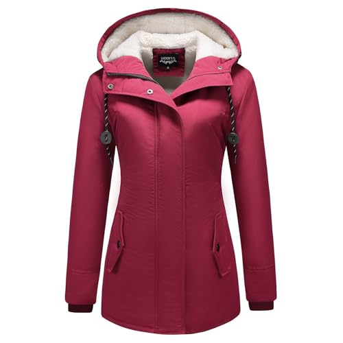 MODFUL Damen Winterparka Fleece Gefüttert Wintermantel mit Kapuze Dicke Coat Winterjacke (Rot, L)