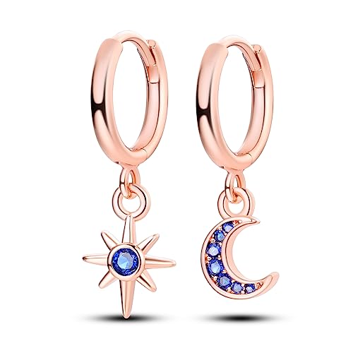 NARMO Pendentif boucles d'oreilles 925 Sterling Silver Rose Gold Star month boucles d'oreilles en zircone cubique bleu