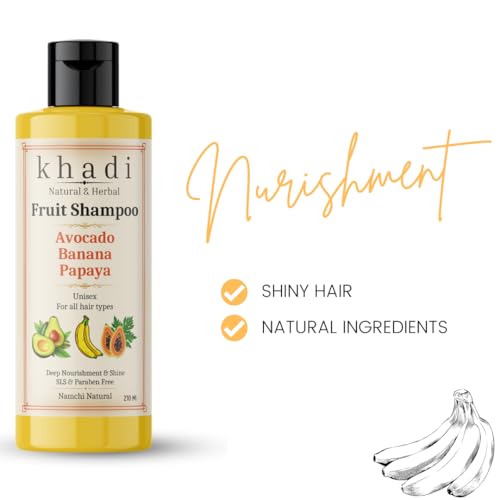 Image of Khadi Natural Avocado, Banana & Papaya Fruit Shampoo | Nourishing & Hydrating Herbal Hair Cleanser | For Women & Men | Sulfate, SLS & Paraben Free Smoothening Shampoo 210 ml