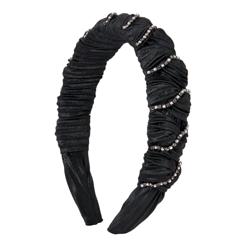 SHE'S FREE STYLE JUST FOR YOU Silk Wide Headbands for Women, Handcrafted Pleated Black Silky Hair Band with Crystals & Pearls Sparkling Hair Accessory (Black) Black/Crystal