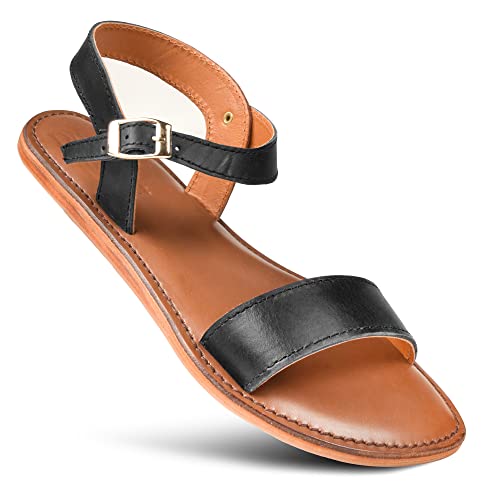 Myrina Women’s Strappy Natural Leather Flat Slingback Sandals