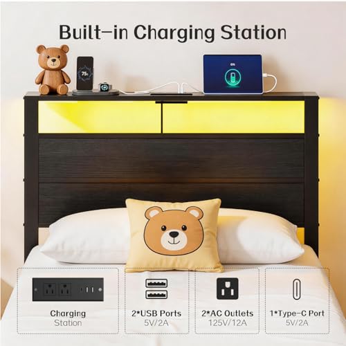 Image of Black Twin Bed Frame with LED Lights and USB Charging Station, Modern Metal Platform Bed with Storage Headboard and Under-Bed Space, Noise Free, Sturdy Frame, No Box Spring Needed, Easy Assembly