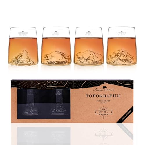 Alaskan MAKER Cofanetto da 4 bicchierini shot da 6,5 cl in vetro cristallino di alta qualità, soffiati artigianalmente, con montagne in rilievo | Forma a tulipano | TOPOGRAPHIC (Montagne svizzere)