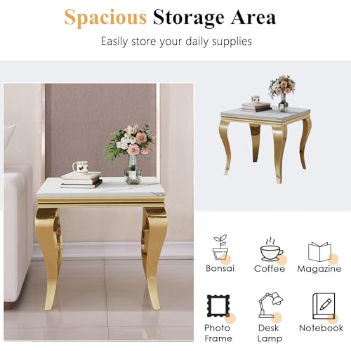 Image of Luxury Marble Side Table, Square End Table with Faux Marble Tabletop & Gold Stainless Steel S Legs, Modern Sofa Side Table for Living Room, Bedroom, Home Decor