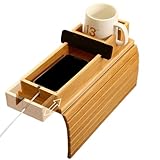Bamboo Couch Arm Tray with Detachable Cup Holder, 2 in 1 Foldable Anti-Falling Design for Cups, Snacks, Remote, Cellphone