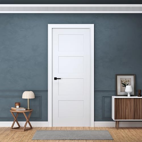 24\" x 80\" Interior Wood Door Slab, 4-Panel Shaker, Left Handing, Solid Core, White Primed, with Pre-Drilled Holes, for Closet, Pantry, Bedroom, and Office Door Use (Not Prehung)
