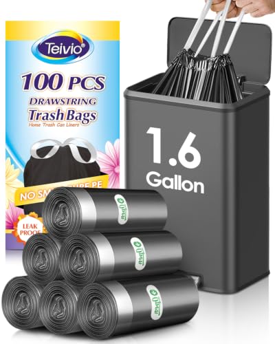 Image of 1.6 Gallon 100 Counts Small Drawstring Trash Bags by Teivio, Fit1.2,1.3,1.5 Gallon Bathroom Trash Can Bin Liners, 5-6 Liter Small Plastic Garbage Bags for home office kitchen, Black