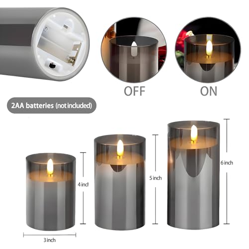 Image of Grey Glass Flameless Candles with Remote and Timer, Real Wax Candles Warm Flickering LED Pillar Battery Operated Candle Light for Halloween Wedding Party Home Decoration, Set of 3