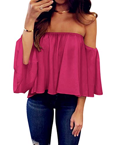 Women's Summer Off Shoulder Blouses Short Sleeves Sexy Tops Chiffon Ruffles Casual T Shirt (XL,Rose Red)